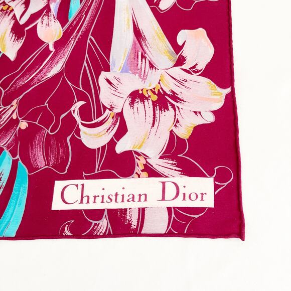 DIOR Vintage Floral Hawaiian Silk Scarf Burgundy Blue - Picture 5 of 8